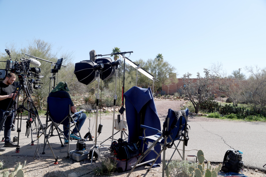 Media equipment set up outside the home of Nancy Guthrie.