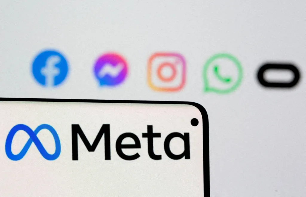 Illustration of a Meta logo on a smartphone with Facebook, Messenger, Instagram, WhatsApp, and Oculus logos in the background.