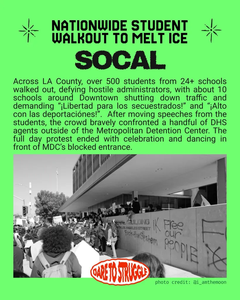 Illustration of a flyer with a black and white photograph of students protesting outside the Metropolitan Detention Center, with text reading