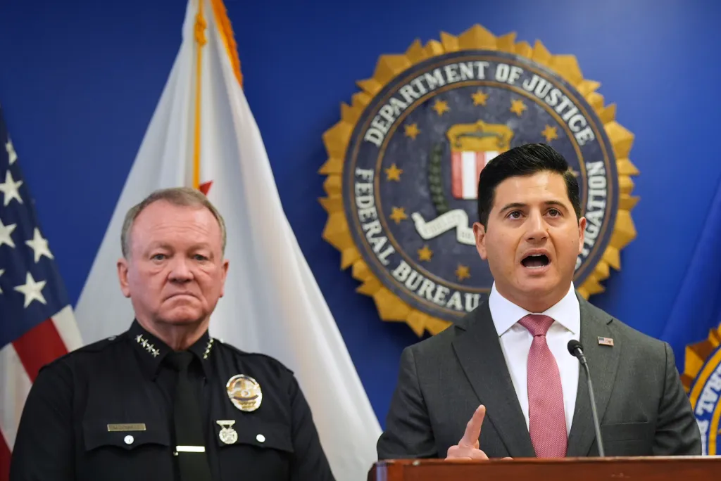 First Assistant United States Attorney Bill Essayli and LAPD Chief Jim McDonnell speak at a press conference announcing developments on a terrorism investigation.