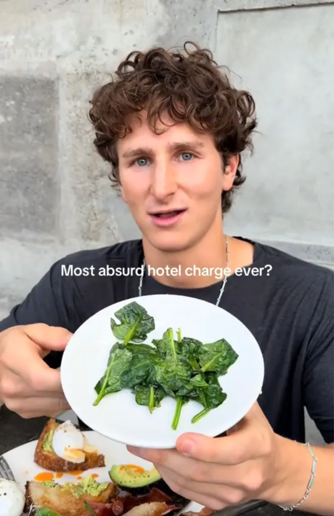 A man holding a small plate of spinach with text overlay 