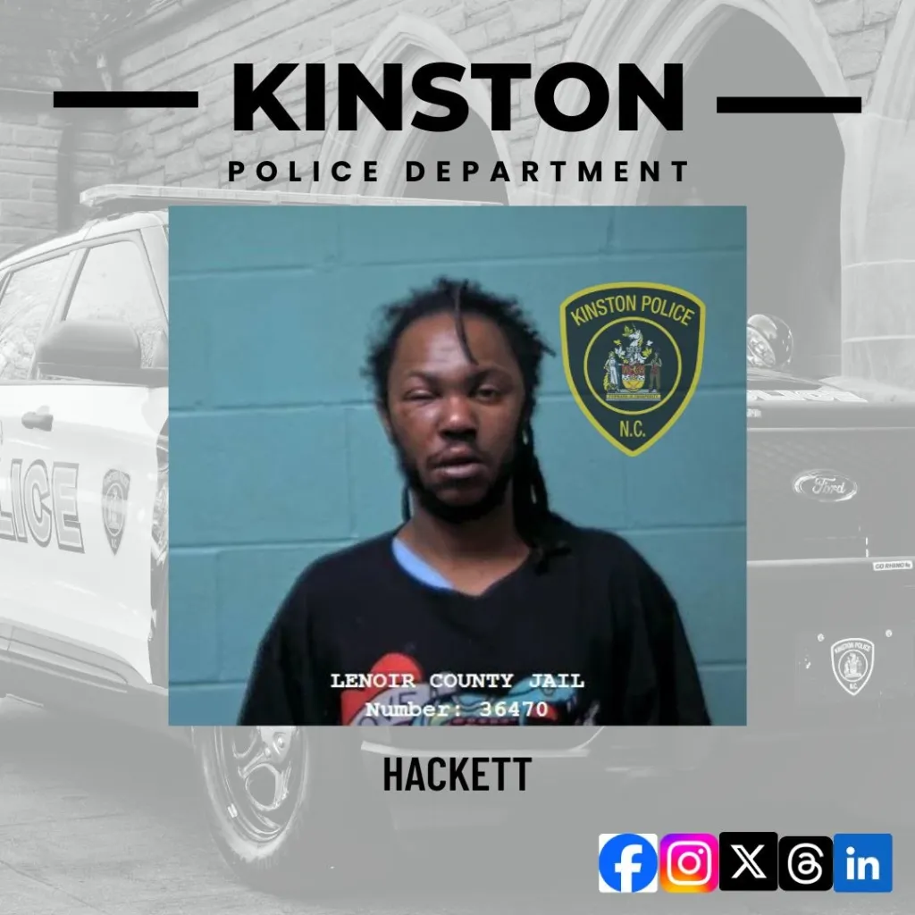 Collage of a mugshot of a man with Kinston Police Department branding and social media icons.