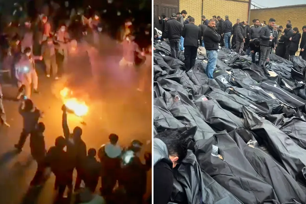Collage of Iranian protesters dancing around a bonfire and a crowd standing around many body bags.