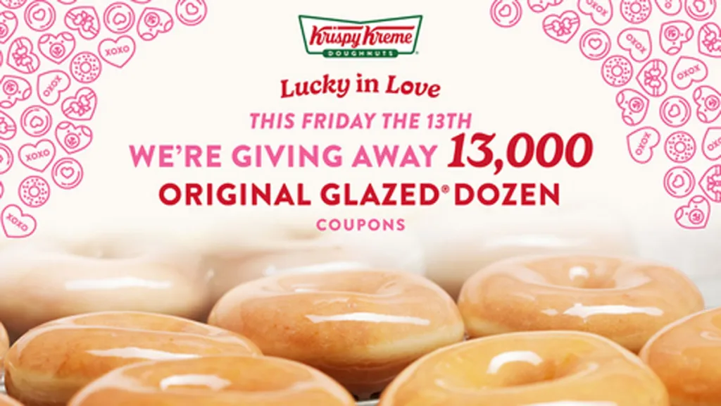 Krispy Kreme Lucky in Love promotion for 13,000 Original Glazed Dozen coupons on Friday the 13th.