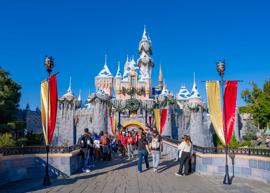Sleeping Beauty Castle at Disneyland decorated for the Festival of Holidays.