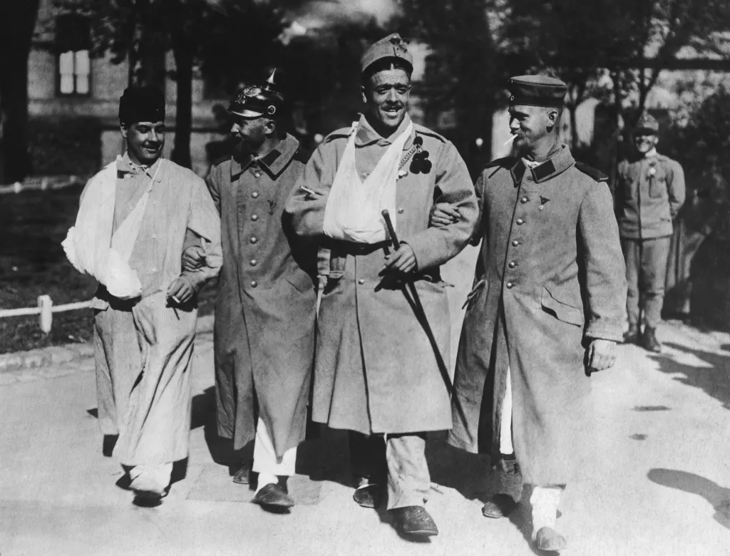 Hungarian soldiers recuperate at a hospital in Austria during World War I,