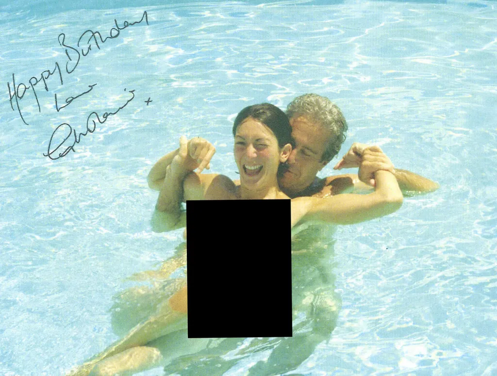 Ghislaine Maxwell and Jeffrey Epstein in a pool with a handwritten 