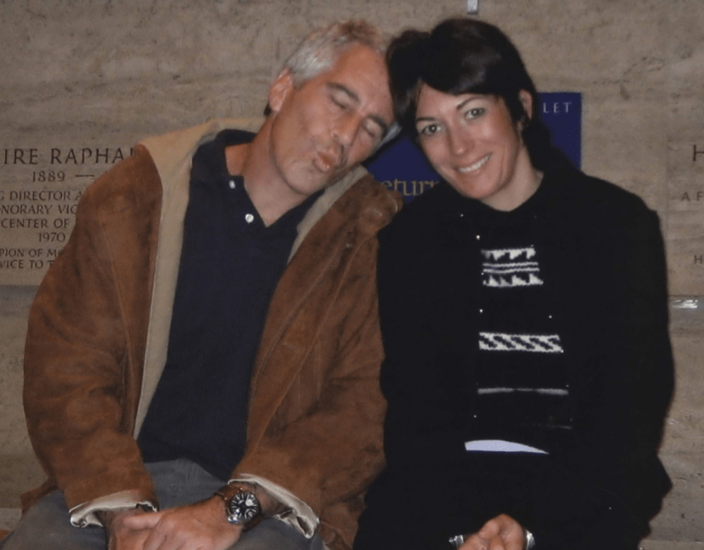 Jeffrey Epstein and Ghislaine Maxwell sitting next to each other, with Epstein making a kissing face.