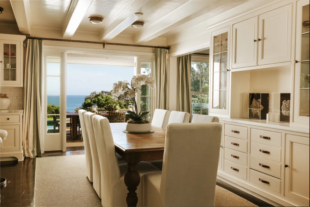 The elegant dining area features ocean views