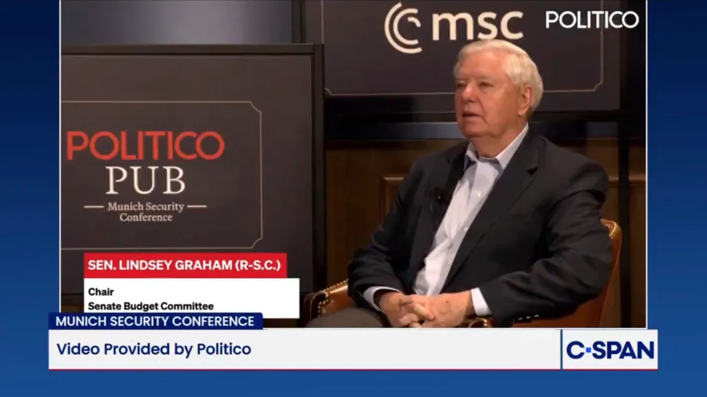 Senator Lindsey Graham speaks at the Politico Pub Munich Security Conference.