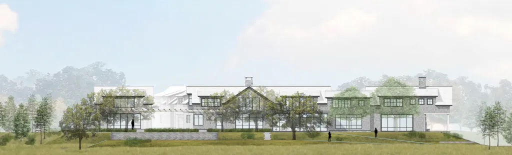 Illustration of a large modern house on a green hill with trees, a pathway, and two small figures.