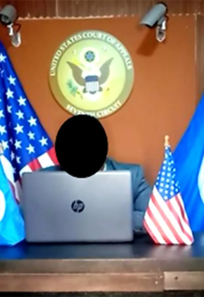 Person behind a laptop with the U.S. Court of Appeals for the Seventh Circuit seal in the background.