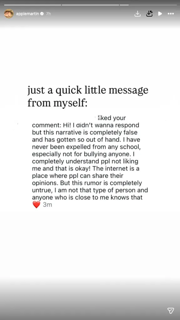 Apple Martin's Instagram story addressing bullying rumors.