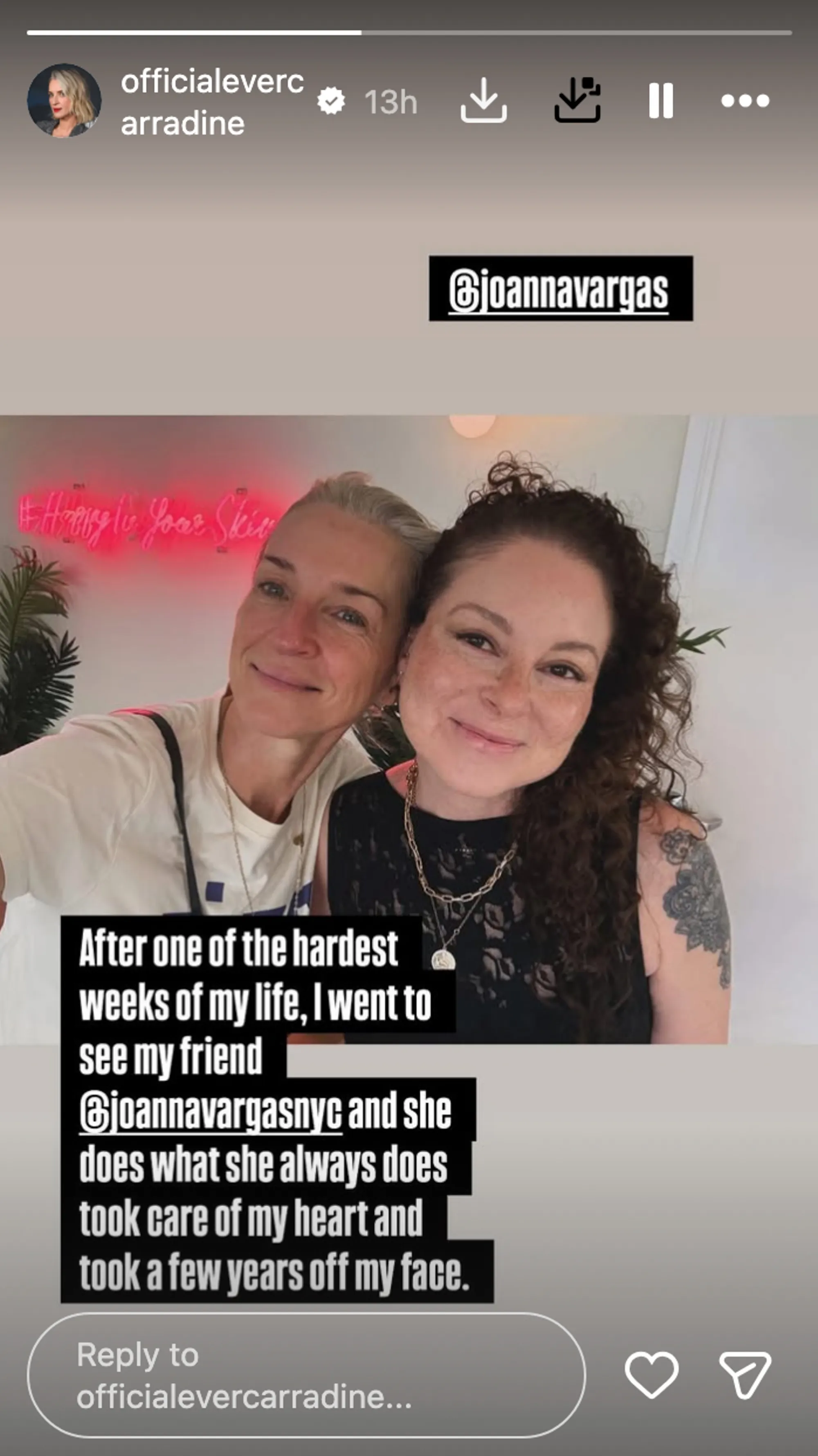 Ever Carradine shared an IG Story, as seen above, following the death of her dad Robert Carradine on Monday.