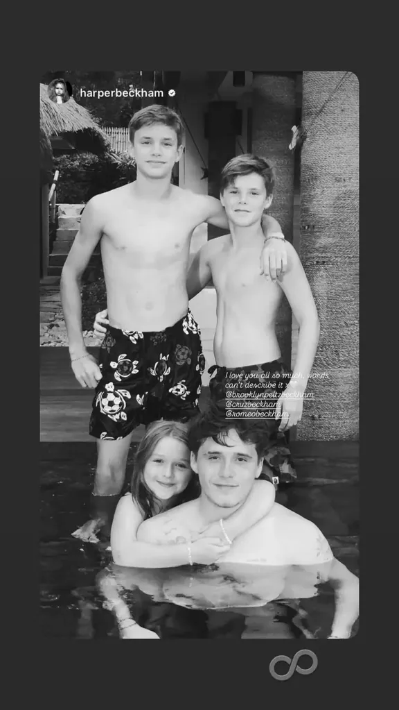 Harper Beckham's Instagram story with her three brothers in swimwear.
