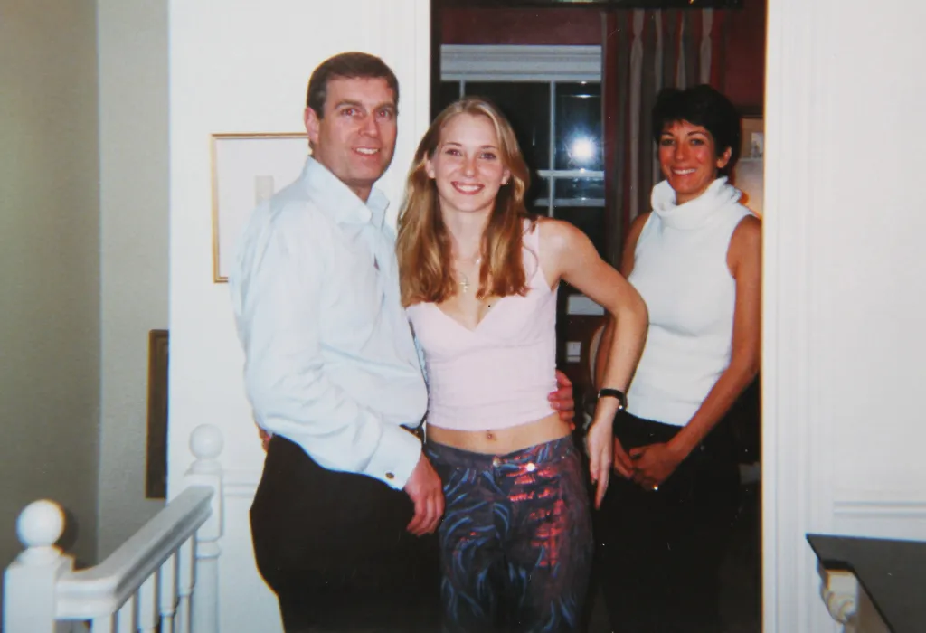 Prince Andrew, Virginia Roberts/Giuffre, and Ghislaine Maxwell posing for a photo.