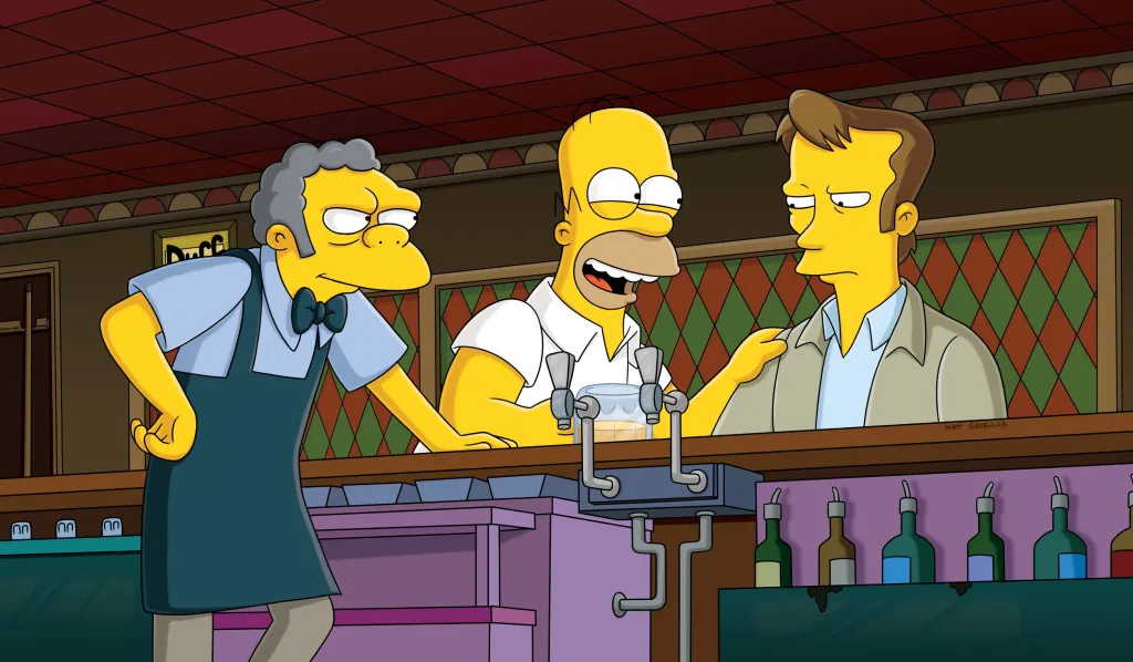Illustration of Moe Szyslak behind the bar with Homer Simpson and Wayne (voice: Kiefer Sutherland).