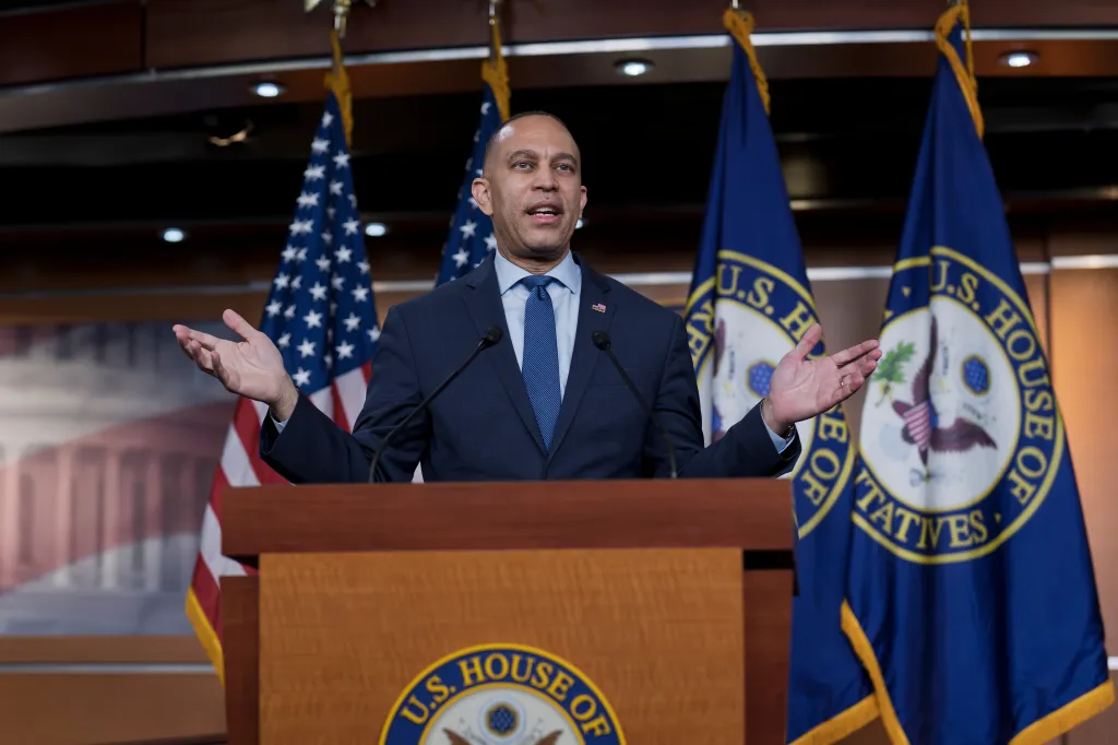 House Minority Leader Hakeem Jeffries speaking at a press conference.