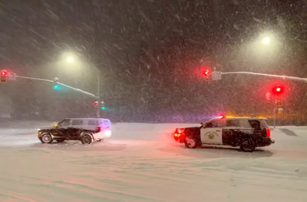 A California Highway Patrol vehicle and another SUV driving in deep snow at night.