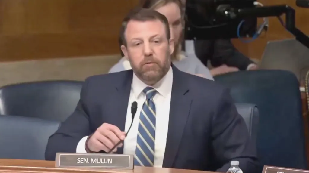 Senator Markwayne Mullin speaking at a Senate hearing.