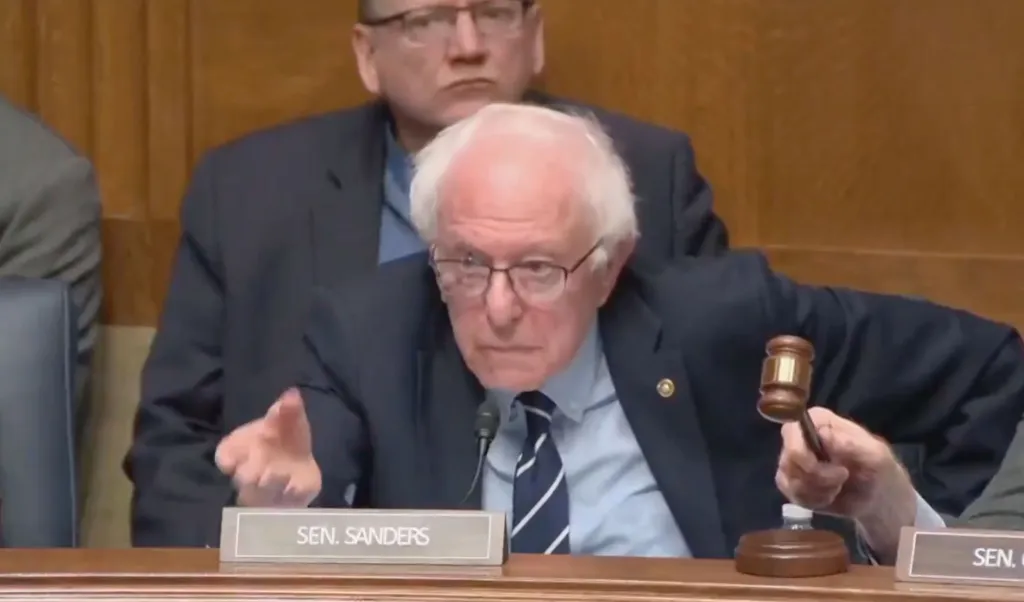 Sen. Bernie Sanders points towards Sen. Markwayne Mullin during a heated exchange on Feb. 25, 2026.