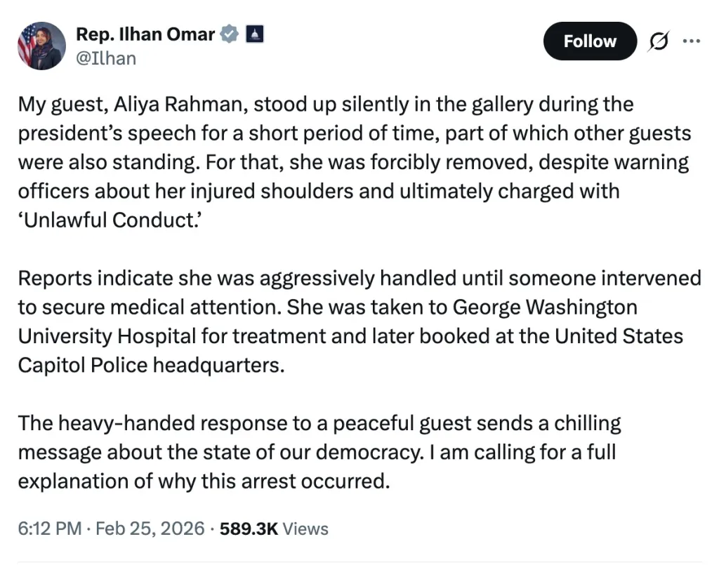 Ilhan Omar's tweet about her guest, Aliya Rahman, being forcibly removed from the House floor and charged with 'Unlawful Conduct' during a presidential speech.