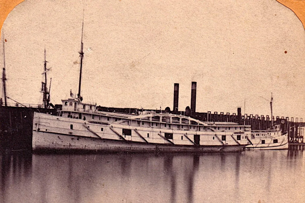 Photo of the steamer Lac La Belle docked at Marquette, Michigan in 1866.