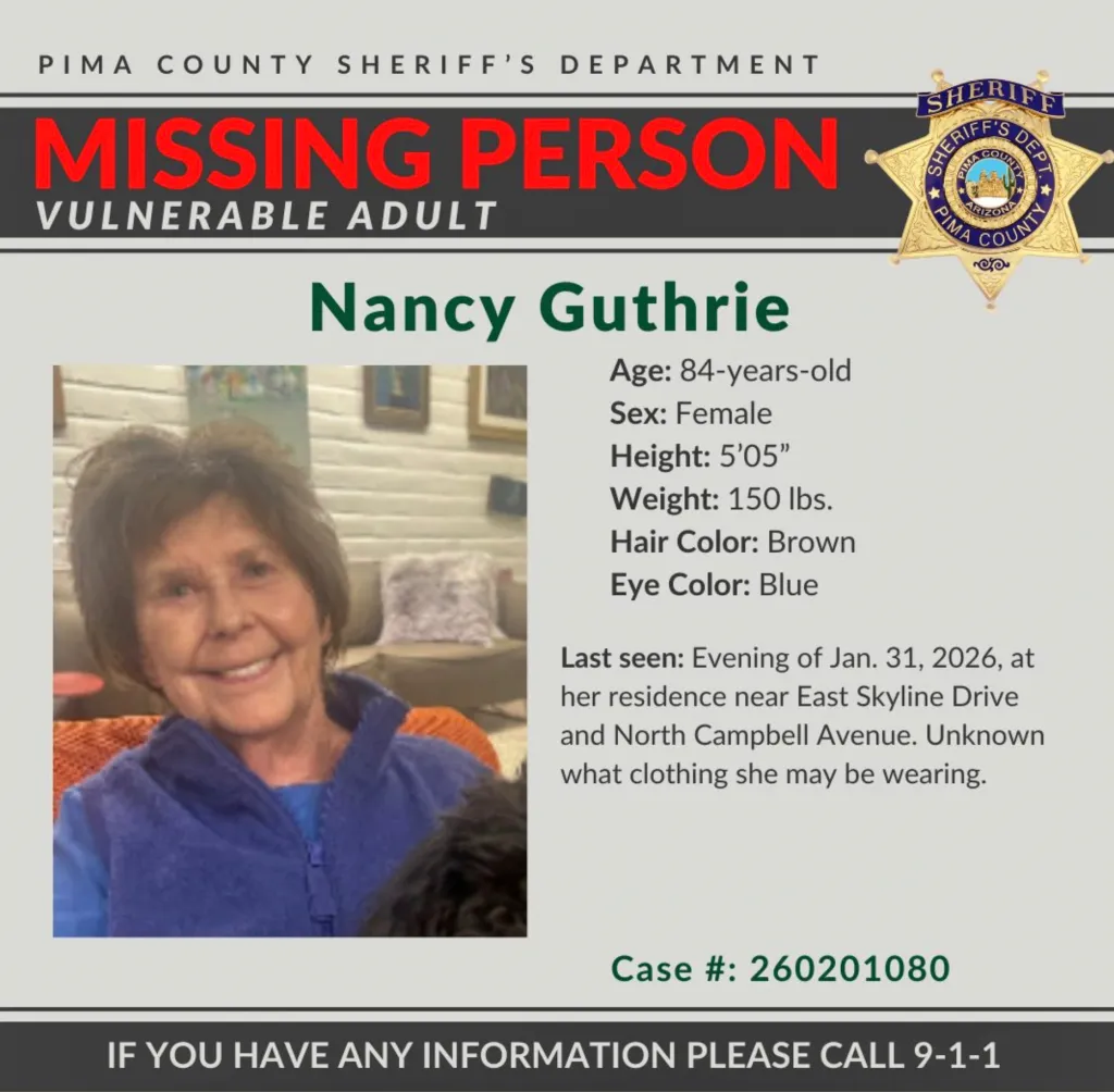 Missing person alert for Nancy Guthrie, an 84-year-old vulnerable adult.