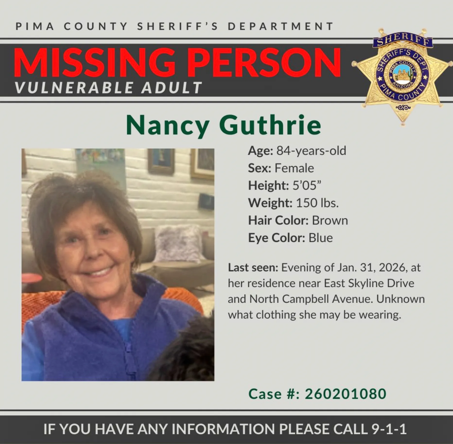 Missing person alert for Nancy Guthrie, 84, from Pima County.