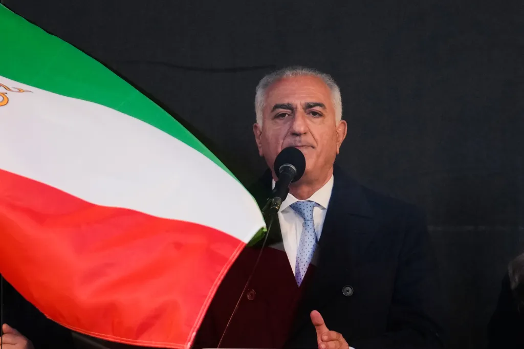 Iran's exiled Crown Prince Reza Pahlavi speaking at a demonstration during the Munich Security Conference.