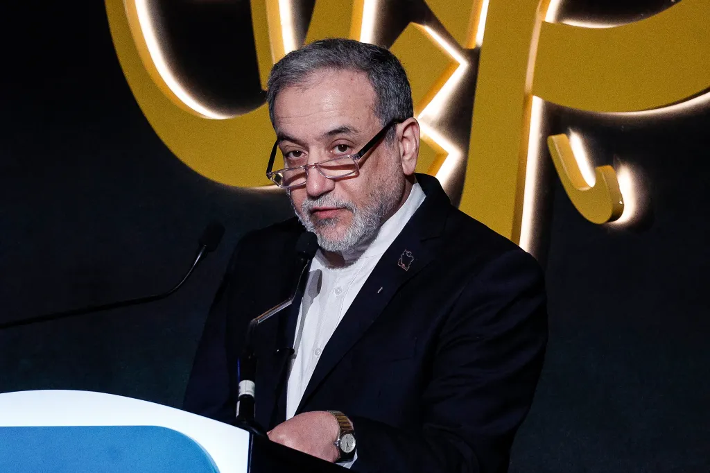 Iran's Foreign Minister Abbas Araghchi speaking at the Al-Jazeera Forum in Doha.