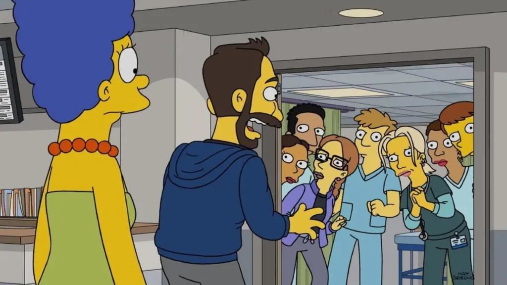 Illustration of Marge Simpson looking concerned as a bearded man shouts at a group of surprised healthcare workers in a hospital hallway.