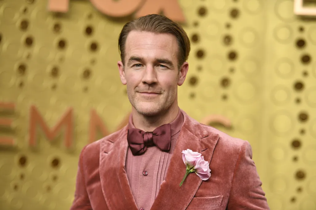 James Van Der Beek in a pink velvet suit with a bow tie and a pink flower on the lapel.
