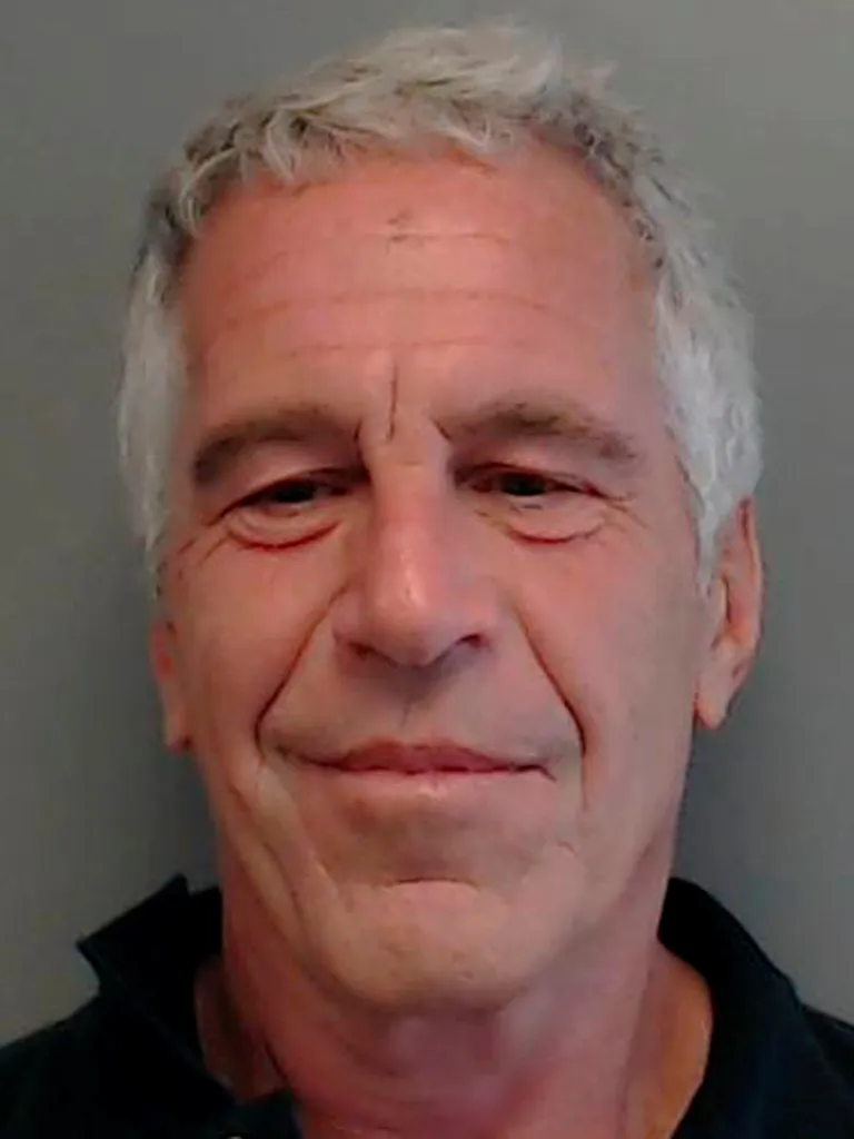 Mugshot of Jeffrey Epstein with short gray hair, wearing a black shirt, against a gray background.