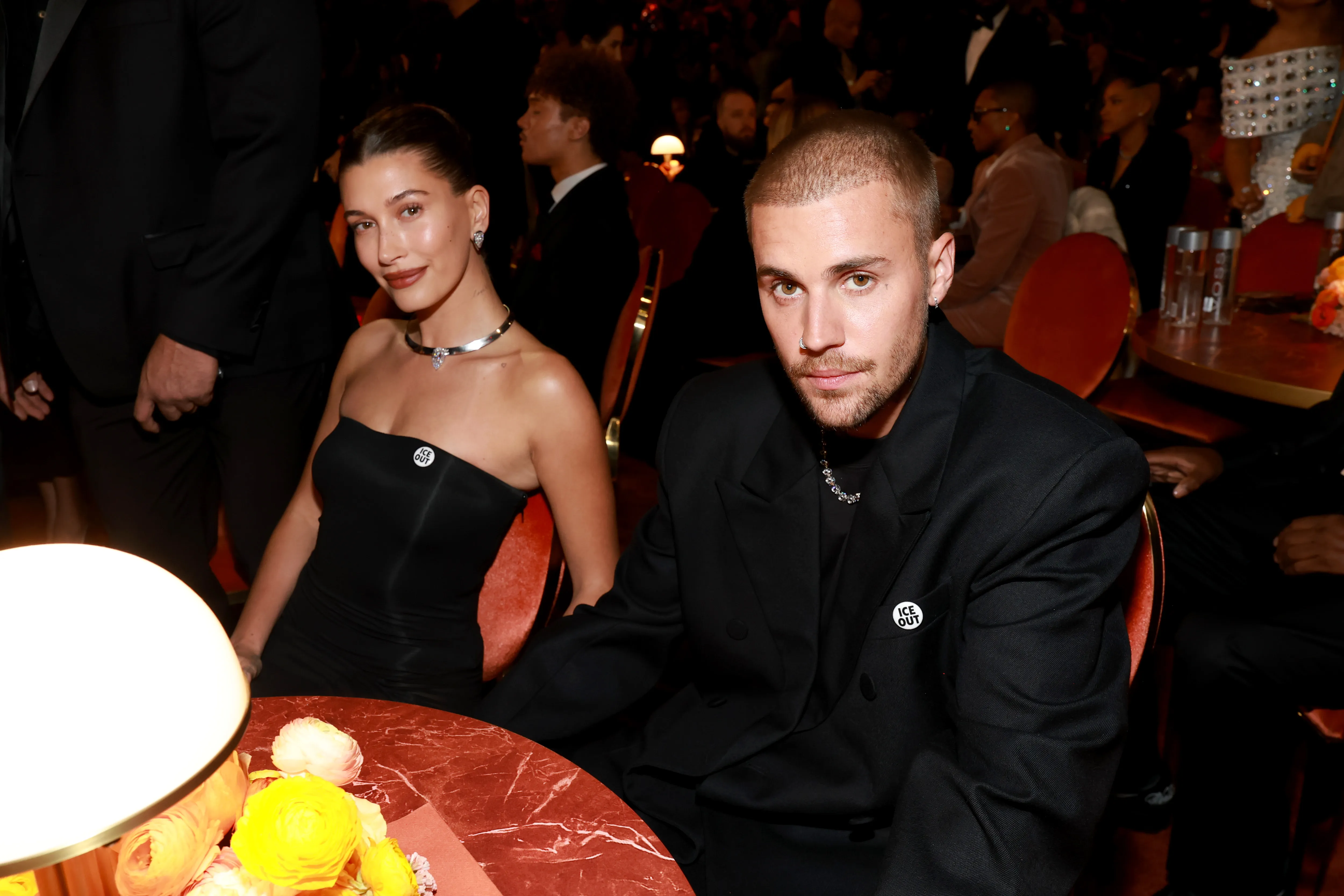 Hailey and Justin Bieber seated at the 68th GRAMMY Awards.