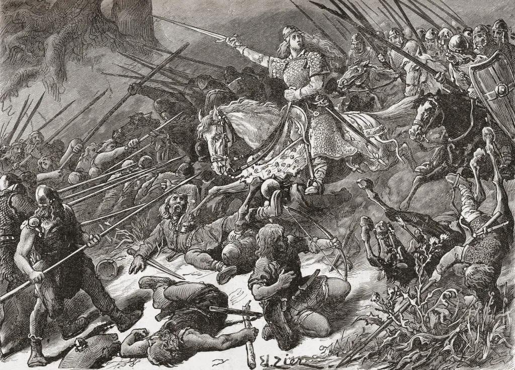 Illustration of Æthelflæd, Lady of the Mercians, fighting the Welsh.