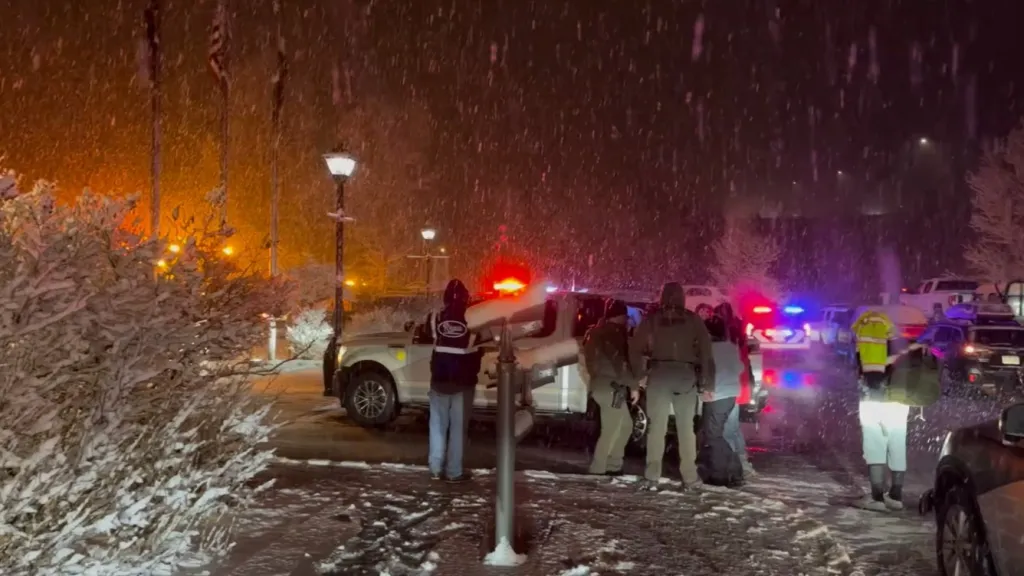 Snowy nighttime scene with flashing police lights, people in winter gear, and multiple cars.