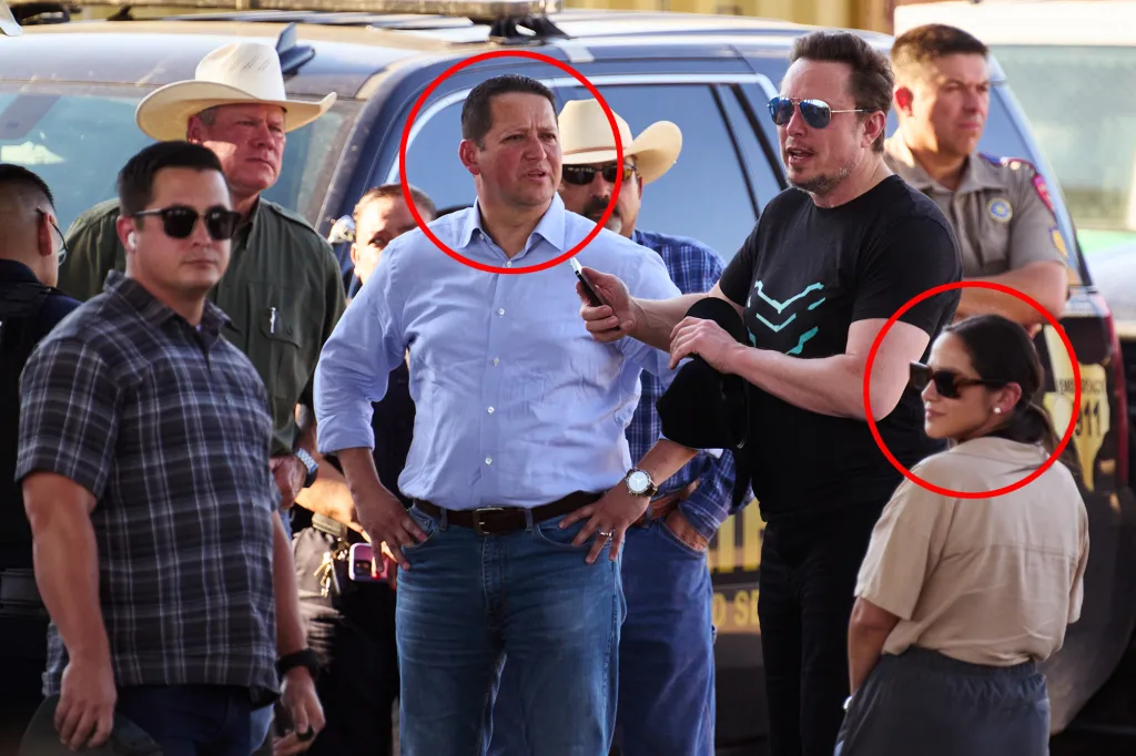 US Rep. Tony Gonzales and Regina Santos-Aviles are pictured with Elon Musk during his Sept. 28, 2023 visit to a migrant processing site in Eagle Pass, Texas.