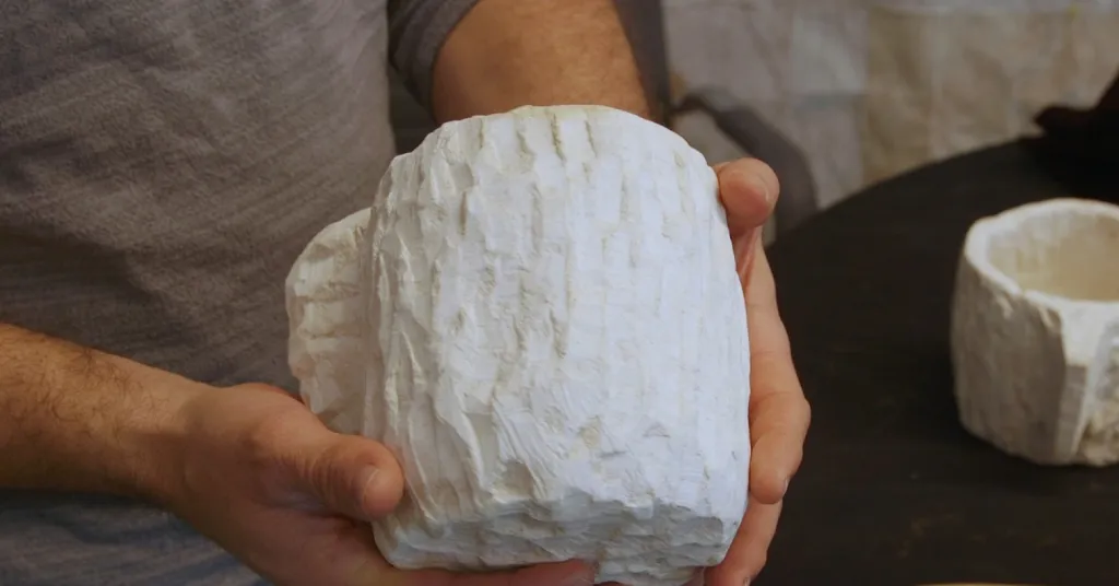 Man holding a hand-carved stone mug.