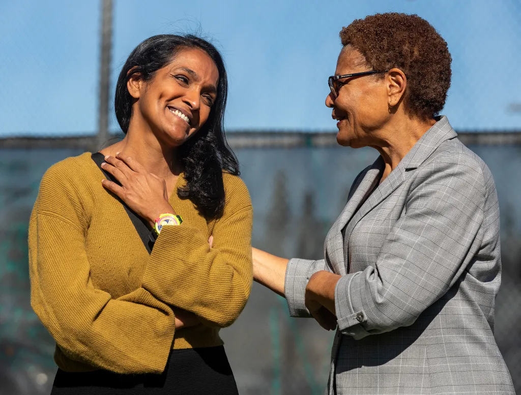 Los Angeles City Councilmember Nithya Raman and Mayor Karen Bass talking at Hazeltine Park.