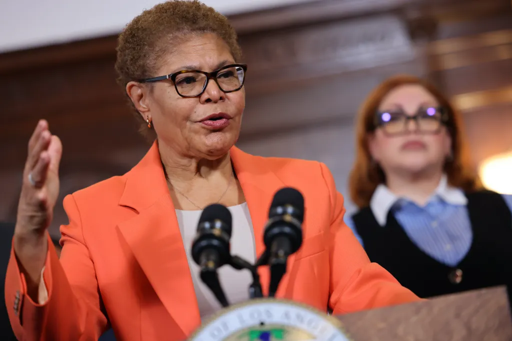 Los Angeles Mayor Karen Bass speaking at a press conference.