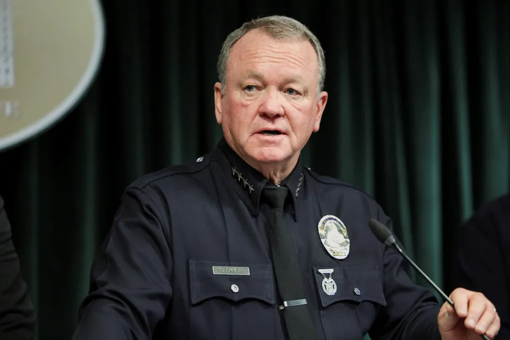 Los Angeles Police Department Chief Jim McDonnell speaks at a press conference.