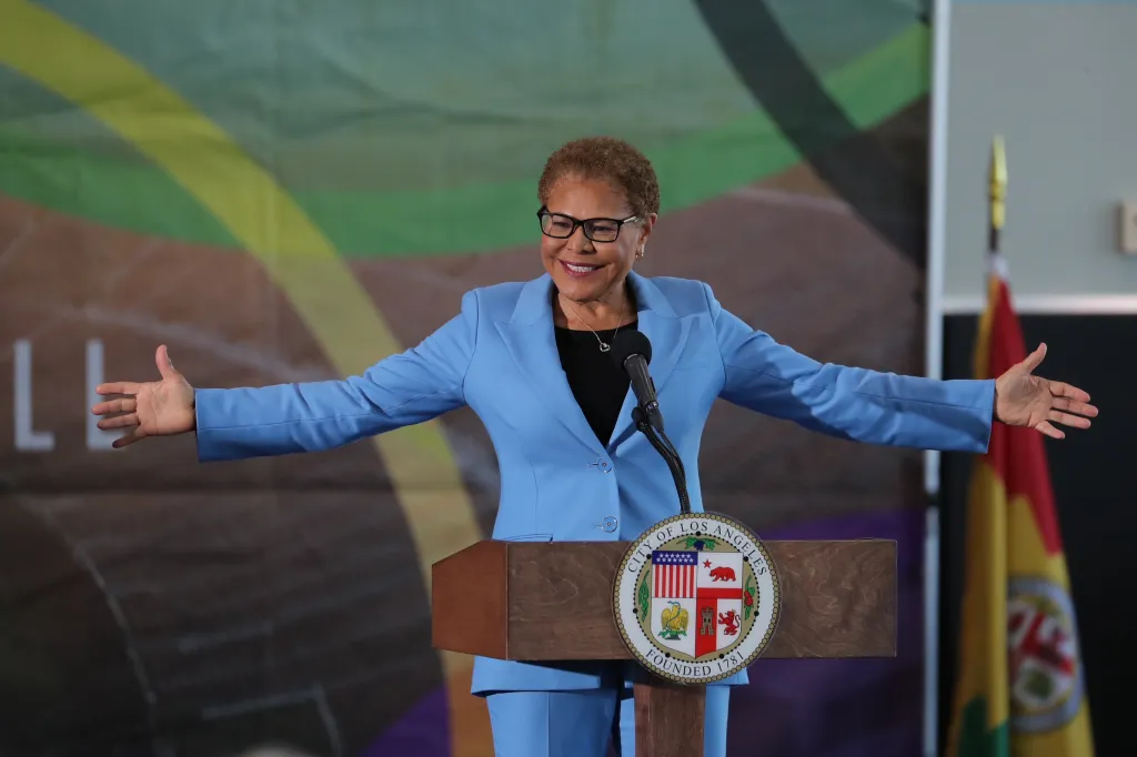 Mayor Karen Bass delivering her State of the City address.