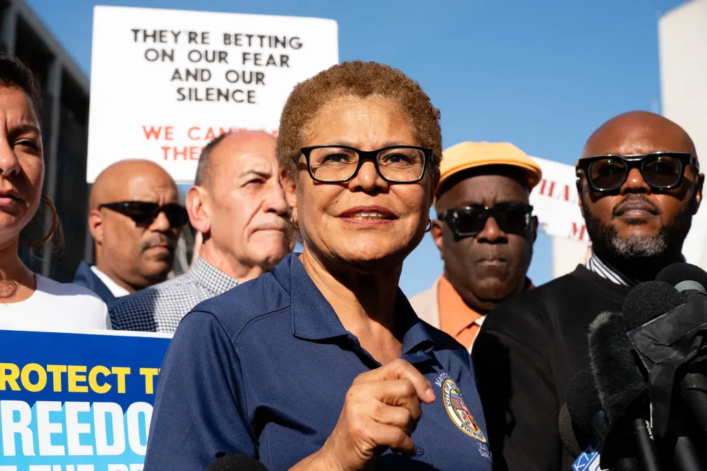 Karen Bass speaks to reporters at a press conference regarding Don Lemon's arrest.