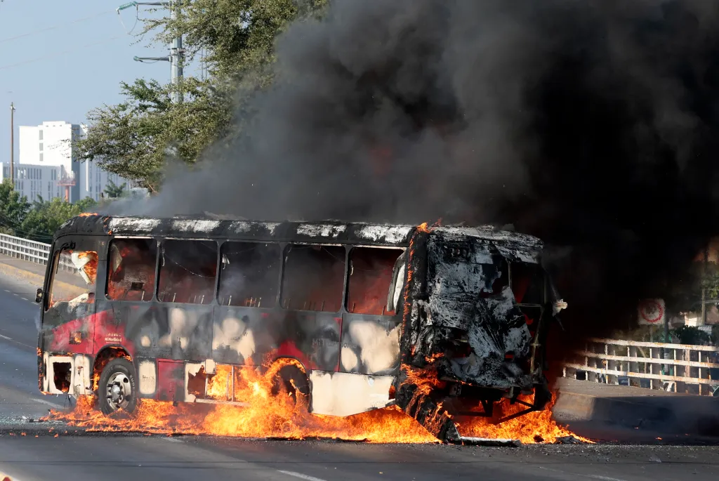A bus set on fire by organized crime groups in Jalisco, Mexico.
