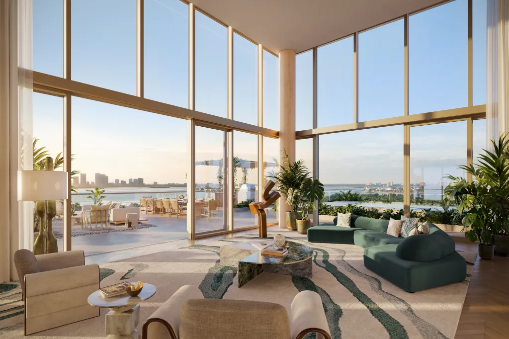 Illustration of a penthouse living room with a large patio overlooking Miami.