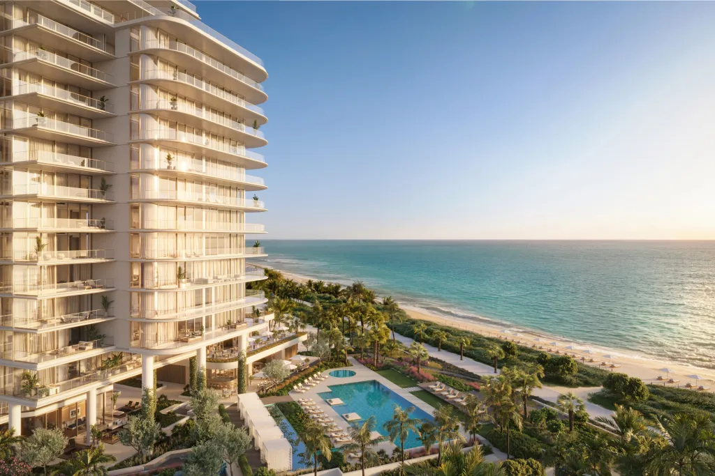 Illustration of a luxury high-rise condominium complex with a pool, beachfront, and ocean view.