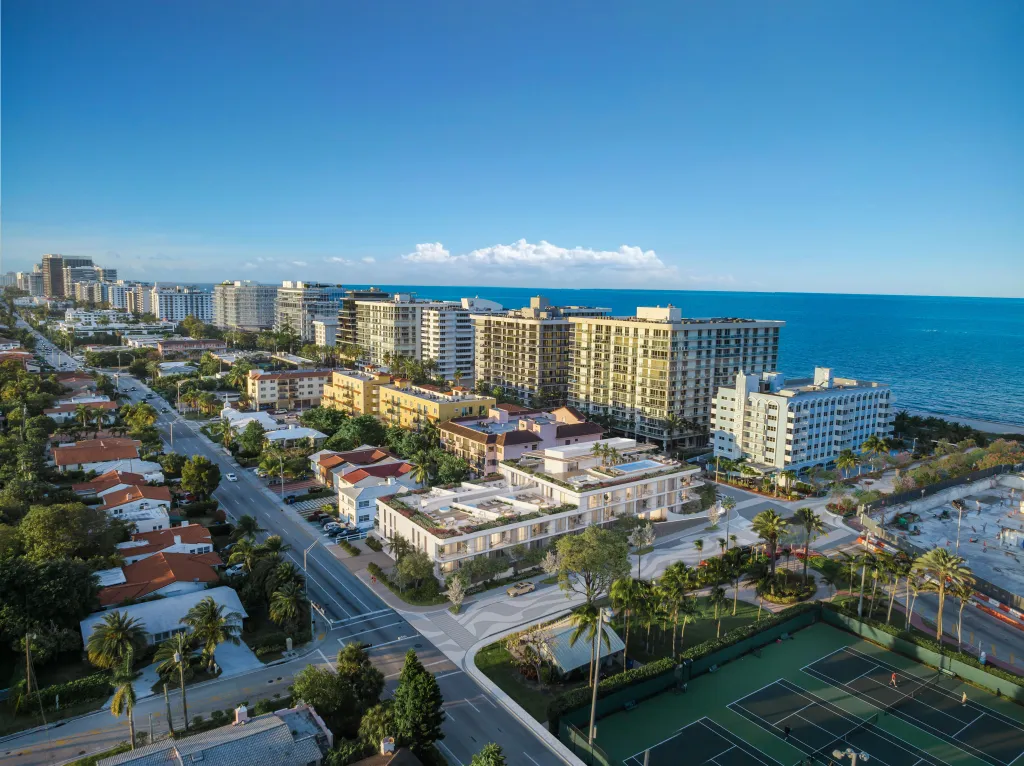 Illustration of Miami's Surf Row Residences and surrounding beachfront properties.