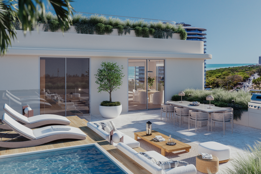 Illustration of a rooftop terrace with a pool, lounge chairs, and dining area overlooking the ocean.