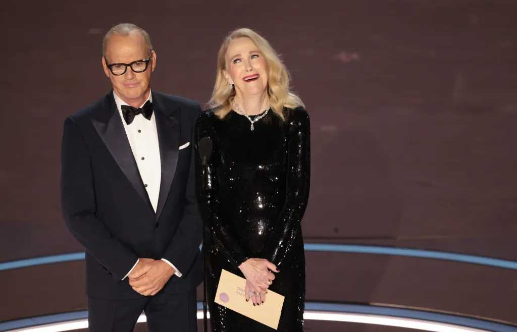 Michael Keaton and Catherine O'Hara present at the 96th Academy Awards.
